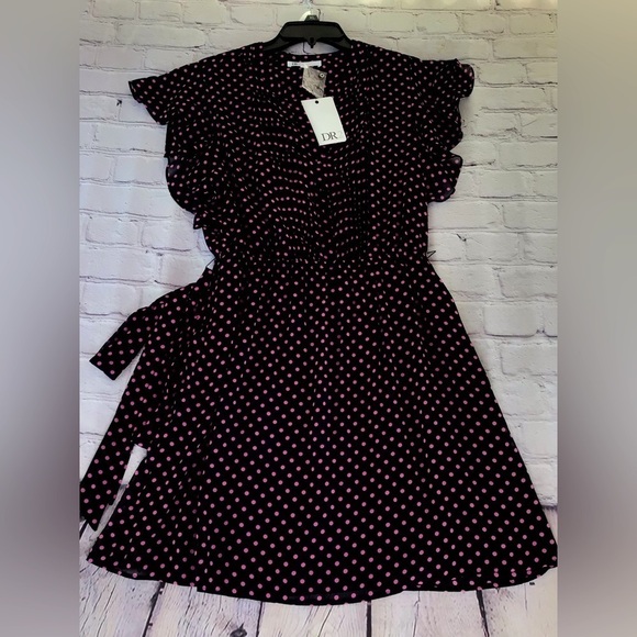 DR2 women pm black pink polka dot flutter short sleeves tie elastic waist dress - Picture 1 of 10